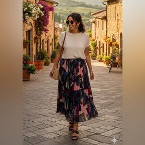 Vintage maxi skirt 100% Rayon pleated patchwork elastic waist with ties bohemian